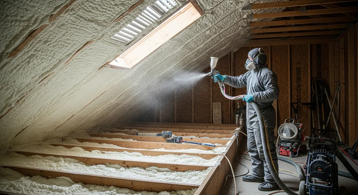 Professional closed cell spray foam insulation showing thickness and density