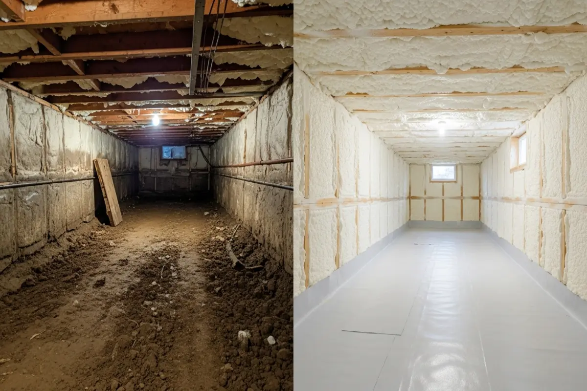 Professional crawl space before and after transformation showing code compliance