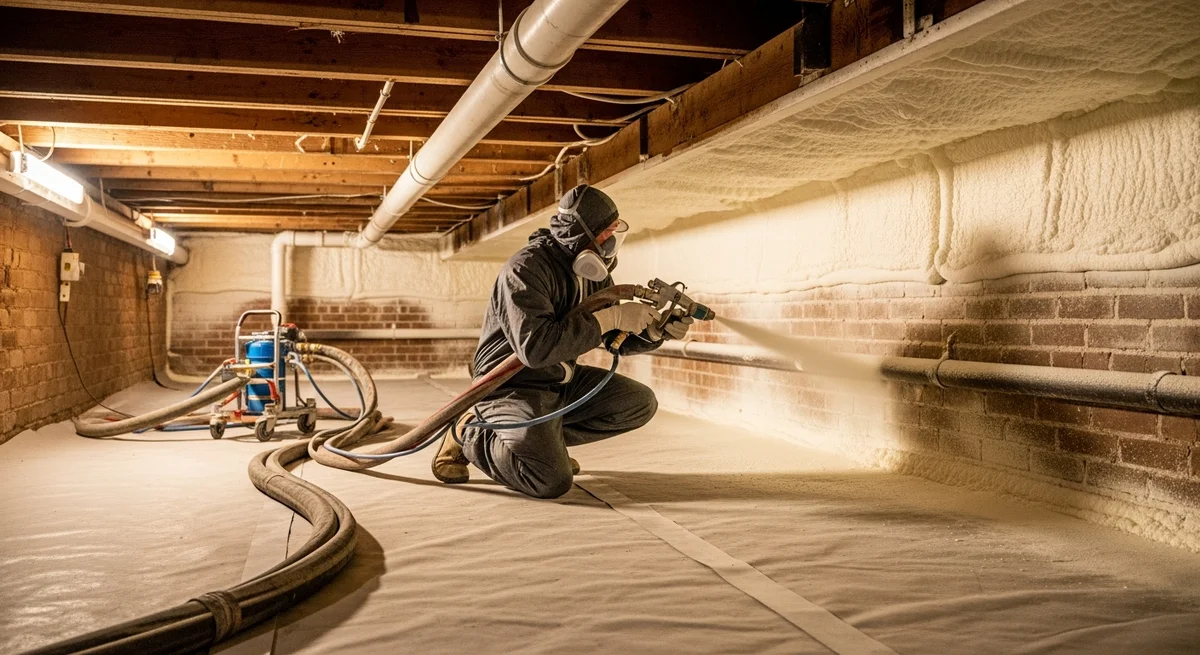 Professional spray foam insulation being applied in a Baltimore area crawl space