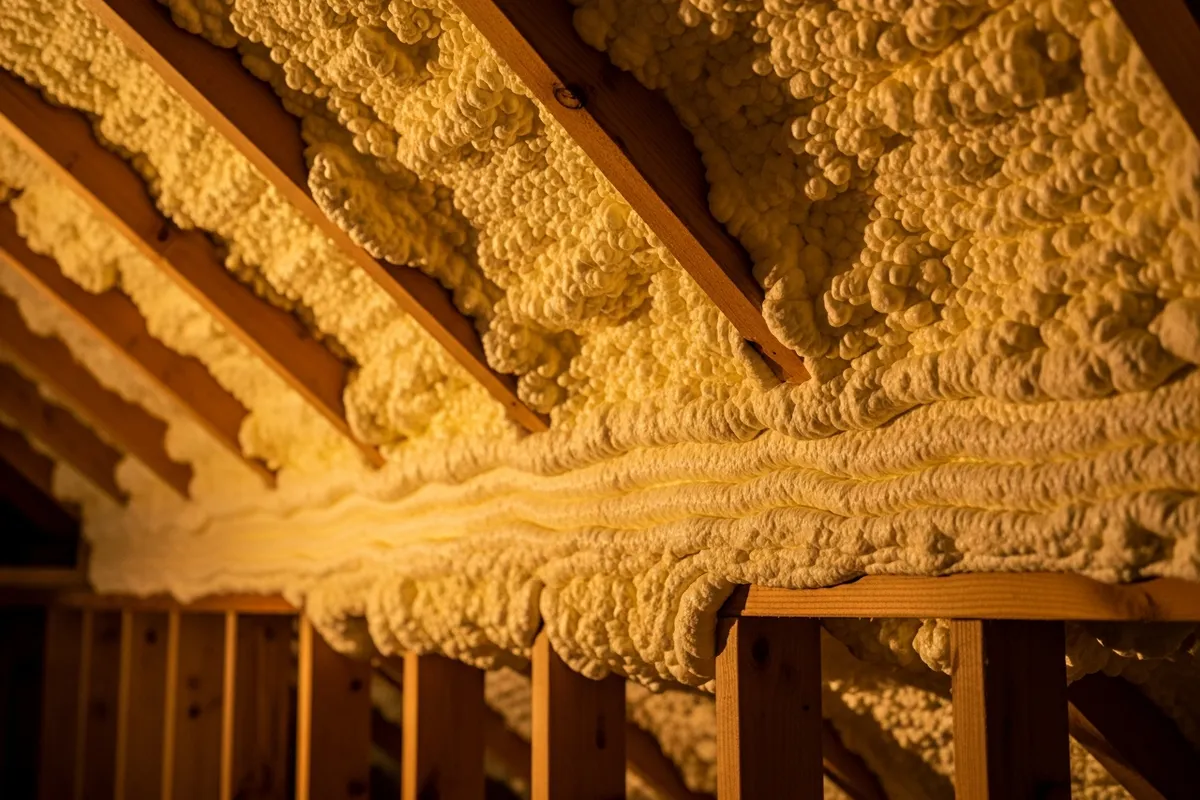 Professional spray foam insulation application showing proper thickness and coverage